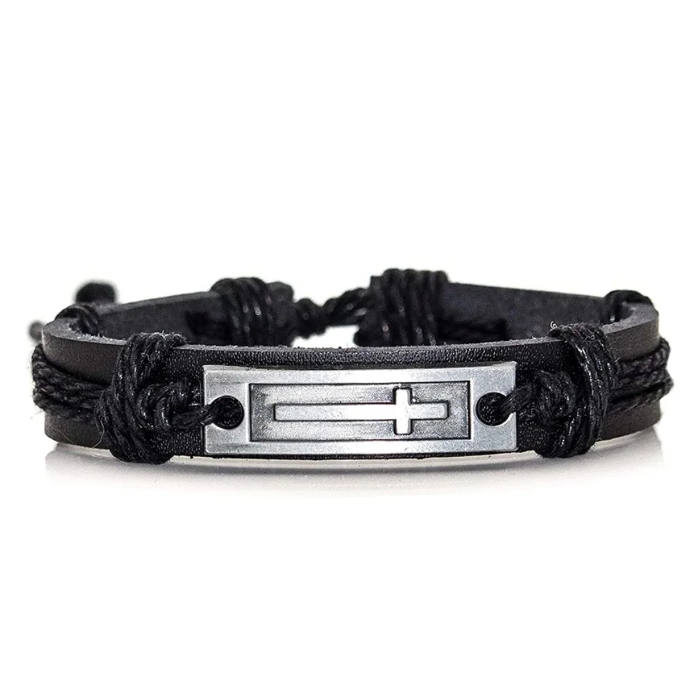 Men or‎ Womens Cross Leather Adjustable Jesus Draw String Religious Bracelet